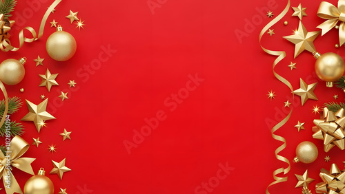 Vibrant red background with gold ornaments, ribbons and stars