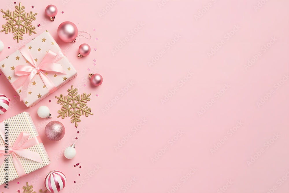 Obraz premium Wrapped presents, pink ornaments and snowflake decor captures holiday spirit and festive mood for Christmas and New Year celebrations on soft pink background.