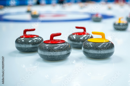 Colorful curling stones arranged on smooth ice surface, creating dynamic winter sport atmosphere focused on strategy, precision, teamwork and competitive curling gameplay.
