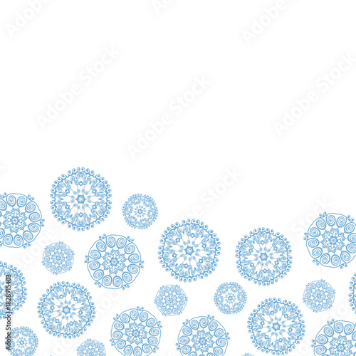 Merry Christmas or happy new year design. Holiday decoration on color background. Greeting vector card, banner, celebration concept with snowflakes. Invitation mock up.