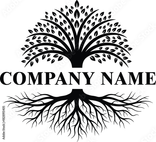 Black tree silhouette with detailed roots and leafy canopy split by company name text for nature logo design.