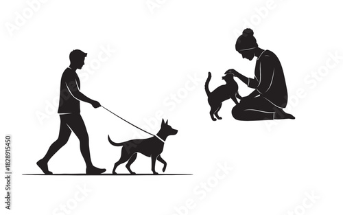 Silhouettes of people interacting with pets dog walking and cat playing