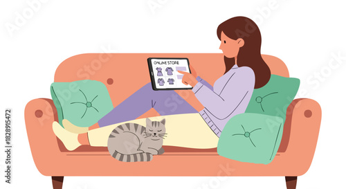 A woman comfortably browses an online store on a tablet while relaxing on a sofa, with a cute cat companion, illustrating the ease of digital shopping at home.
