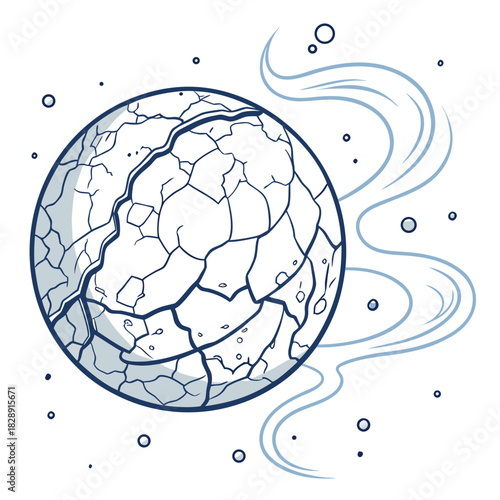 Cracked icy planet with swirling atmospheric gases and small celestial bodies in deep space