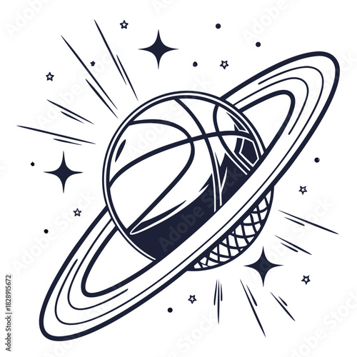 Stylized basketball planet with rings and stars in a cosmic space theme