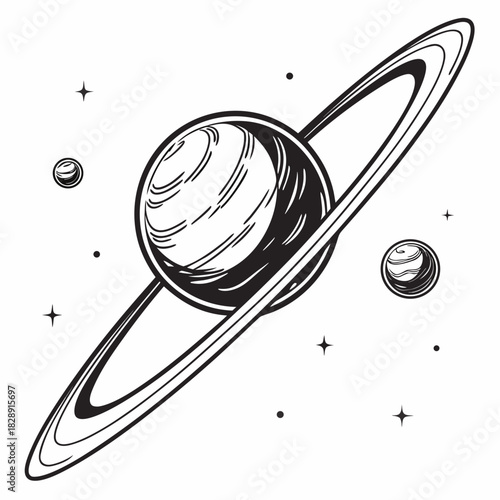Stylized black and white illustration of a ringed planet with smaller celestial bodies and stars in deep space