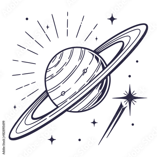 Stylized line art illustration of a ringed planet with stars and cosmic elements on a white background