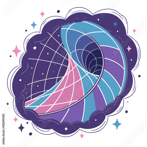 Stylized wormhole illustration with cosmic stars and swirling nebula clouds in vibrant colors