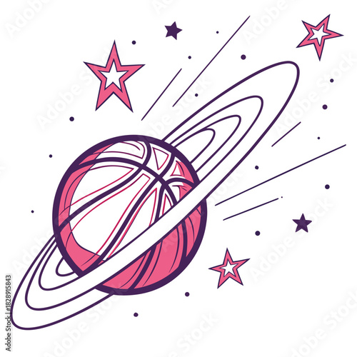 Whimsical basketball planet with rings and stars in outer space illustration