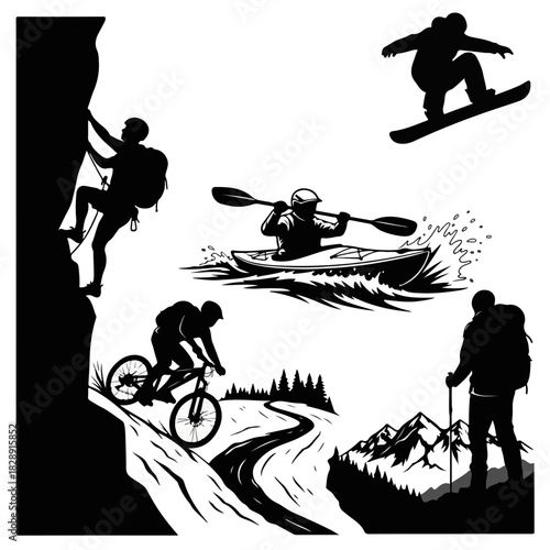 Set of outdoor adventure sport silhouettes featuring climbing hiking and kayaking.