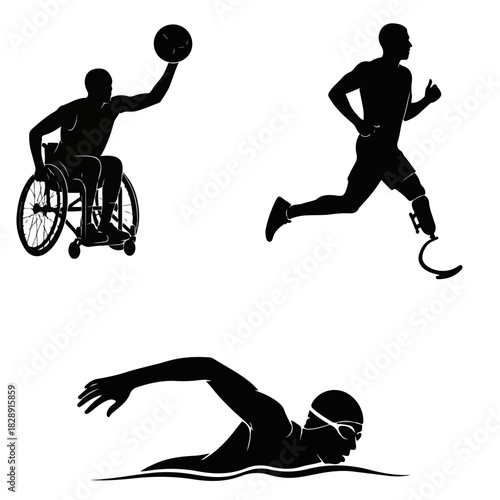 Silhouettes of disabled athletes in wheelchair basketball running with prosthetic and swimming.