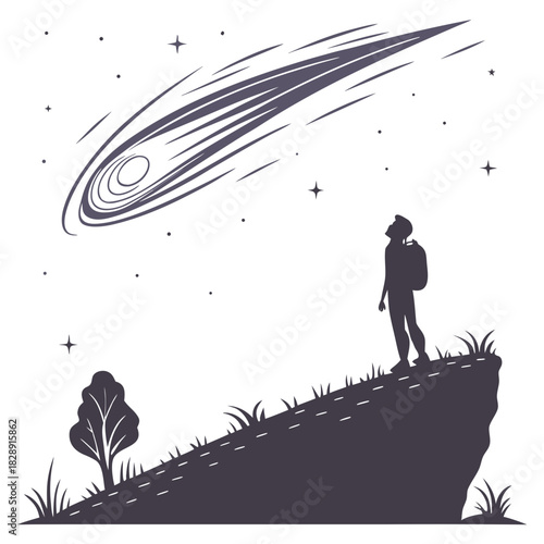 Silhouette of a person with a backpack looking up at a shooting star from a cliff edge at night