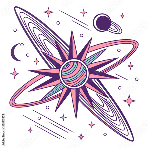 Whimsical cosmic illustration featuring a starburst planet with rings and celestial bodies
