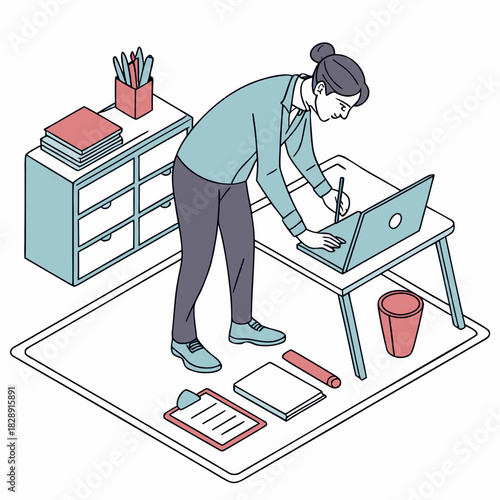 A woman in business attire works diligently on her laptop at a desk with office supplies