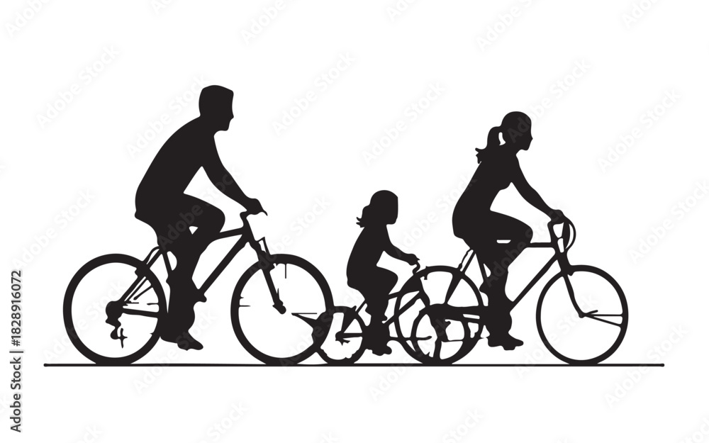 Fototapeta premium Family cycling together silhouette of parents and child riding bikes