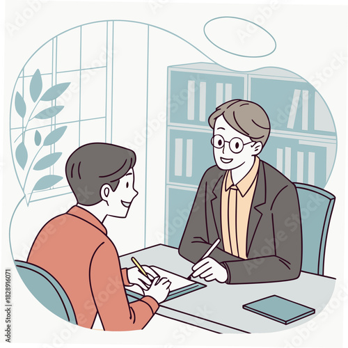 Two men in an office setting discussing and taking notes during a professional meeting