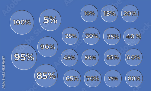 PrintCollection of Percentage Numbers from 5% to 100%
Discount, Progress, and Percentage Value Circles
Vector Set of Circular Percentage Data Elements