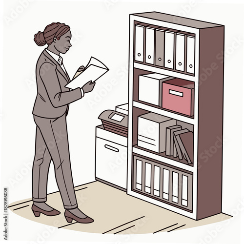 Businesswoman in a suit reviewing documents in an office setting with a bookshelf and filing cabinet