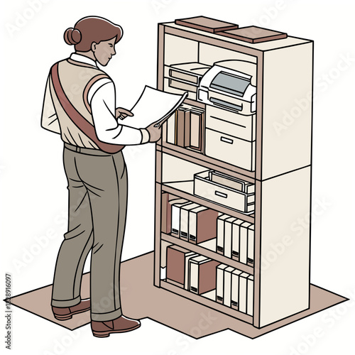 Person in uniform reviewing documents near a filing cabinet with office supplies and printer