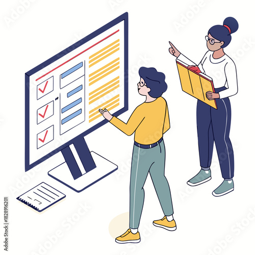 Two people collaborating on a digital checklist or project plan displayed on a large computer screen