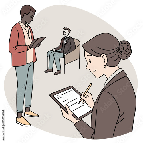 Diverse professionals in a meeting discussing plans while taking notes on tablets and clipboards