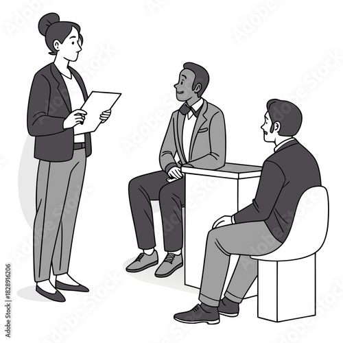 Woman in business attire holding a document addresses two men sitting at a table during a meeting