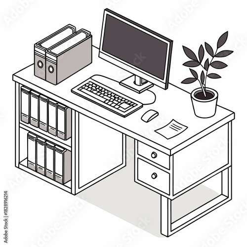 Clean isometric illustration of a modern office desk with computer keyboard mouse and binders