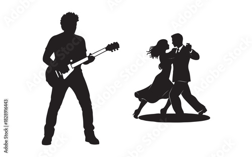 Silhouette of guitarist and dancing couple music and dance illustration