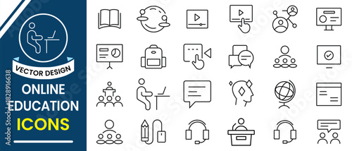 Online education icon set. Set of learning and knowledge icon, video tuition, e-learning, online course, audio course, educational website, digital education line icons vector. Vector illustration.