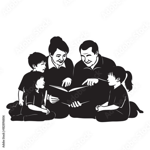 Family reading together, parents and children enjoying a storybook moment