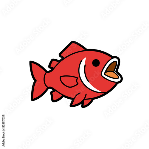 Simple Cartoon Red Fish With Open Mouth And Wide Eyes Against Black Background