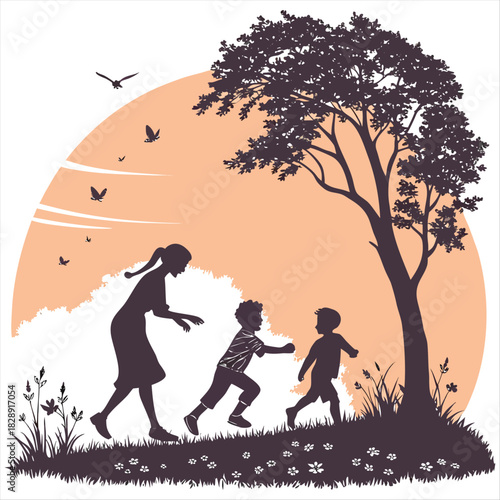 siblings playing outside in a meadow at sunset in summer