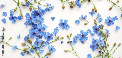 Delicate blue wildflowers scattered on white, small-scale repeat print, design element, print