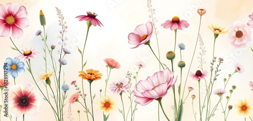 Delicate watercolor wildflowers in soft pastel hues, seamlessly repeating , gentle, adorable