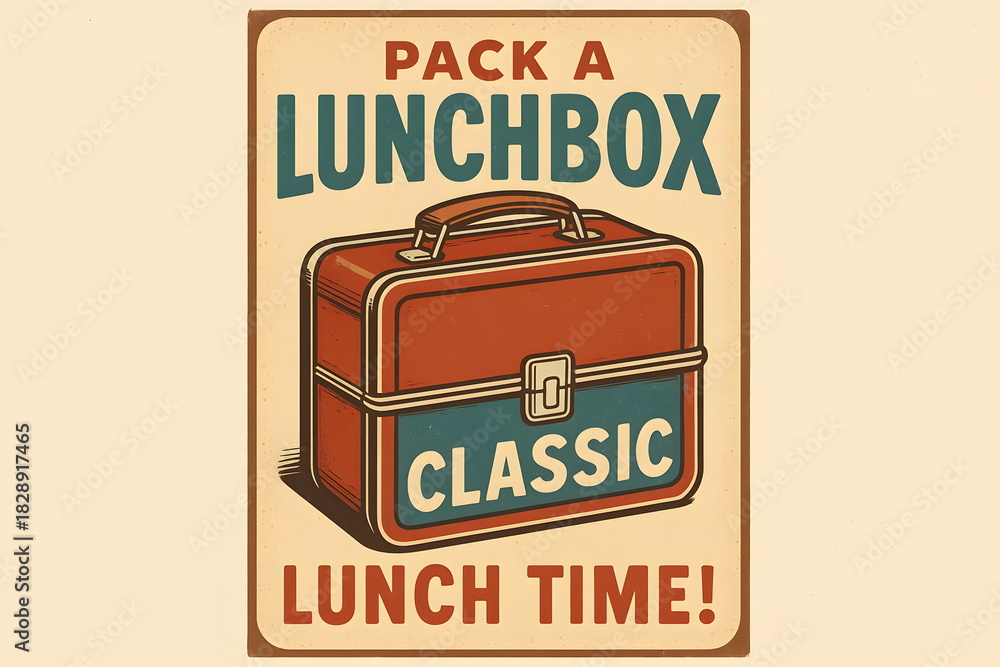 Naklejka premium A retro-style poster promoting a classic lunchbox illustrated in bold vintage typography.