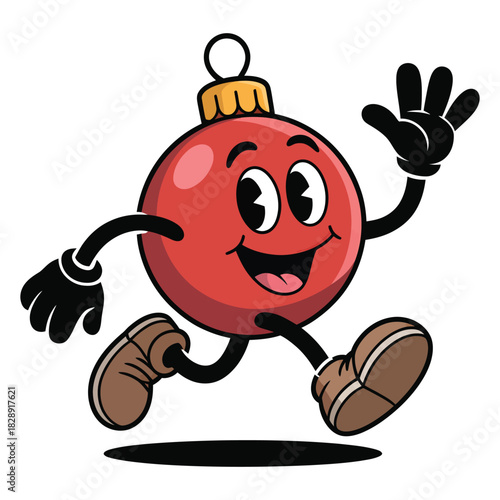 Cartoon Christmas ornament with a cheerful face is running and waving its hand happily