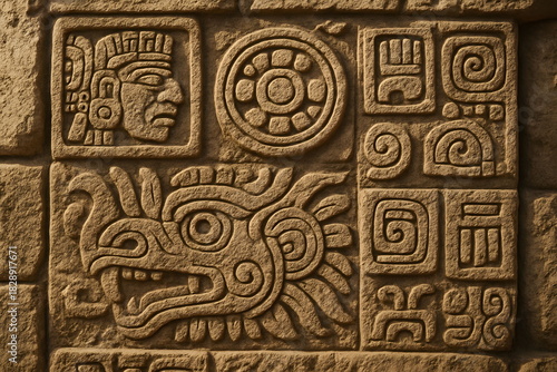 A detailed stone wall featuring ancient carved symbols, faces, and geometric patterns.