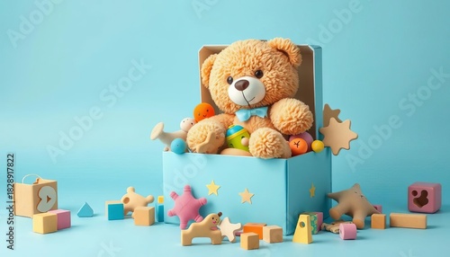 Pastel blue background, overflowing toy box with teddy bear, wooden blocks, and soft toys,   wooden blocks,  sweet
