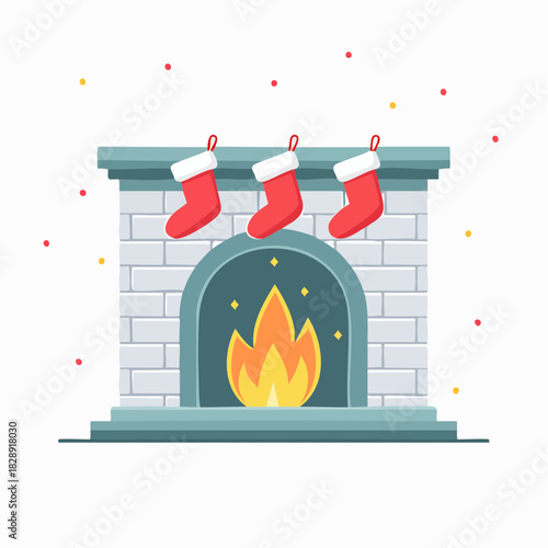 A festive fireplace with stockings hanging above, depicted in a colorful digital illustration with a brick design and warm fire. Perfect for Christmas cards, holiday decorations, and