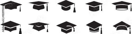 Graduation caps icon Set, A symbolic collection of graduation caps, representing the achievement of educational milestones and the pursuit of knowledge. Vector illustration !