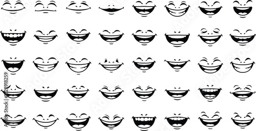 Cartoon Smile and Mouth Icon Set Featuring Happy Laughing Expressions with Teeth Vector Illustration