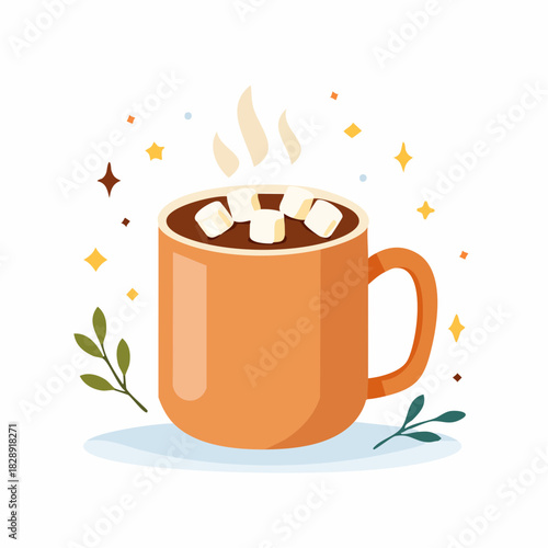 A digital illustration of a steaming orange mug filled with hot chocolate and marshmallows, surrounded by colorful stars and leaves on a white background. Perfect for food blogs, social
