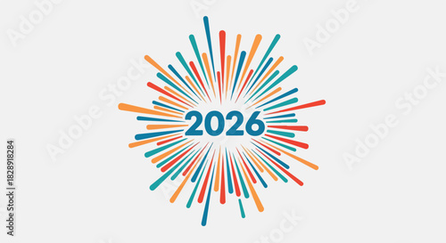 Creative design showing the year 2026 amidst colorful radial bursts on a white background Celebration concept