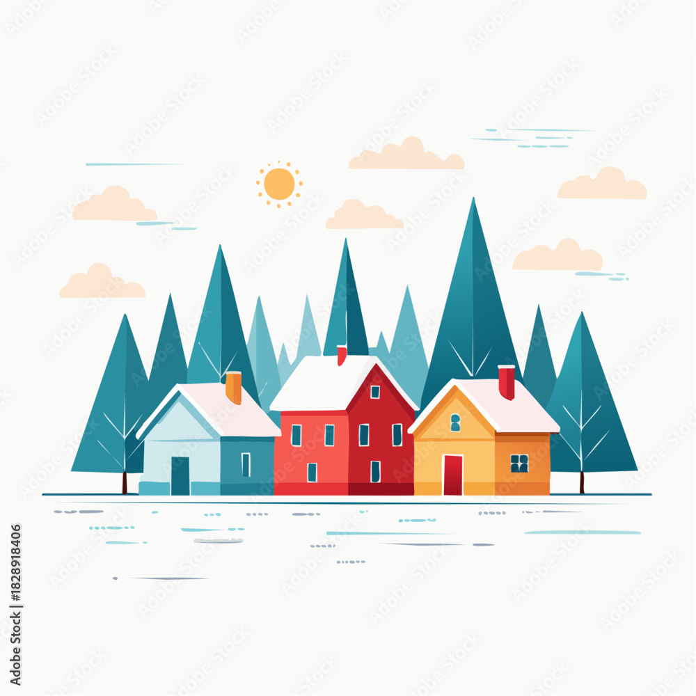 Obraz premium A colorful digital illustration of three snowy houses with evergreen trees and a sunny sky in the background. Perfect for websites, blogs, and social media graphics.