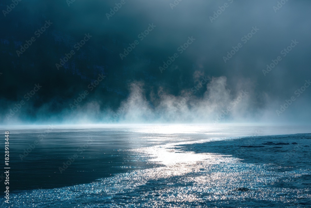 Obraz premium Ethereal Light Illuminates Rising Steam on a Frozen, Moody Blue Shoreline.