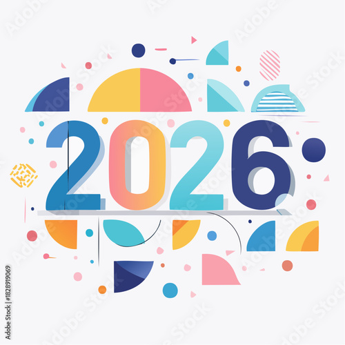 Colorful geometric shapes and the year 2026 in large numbers on a white background. Perfect for presentations, calendars, and marketing materials.