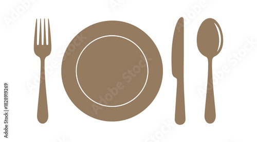 Set icons for forks, knives, spoons, and plates. Flat design tableware collection. Dinner service set. Plates, forks, and knives for apps and websites. Dinner service.

