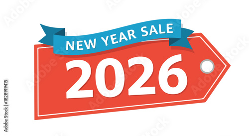 New Year Sale 2026 Festive Tag with Ribbon for Promotional Offers and Discounts