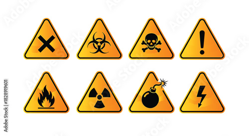 Collection of warning signs on a, including flammable, biohazard, explosive, and toxic symbols