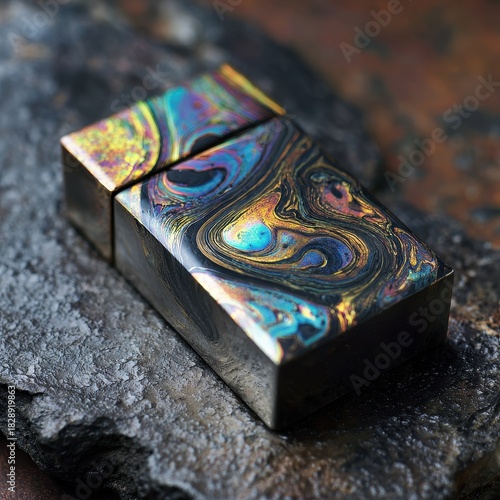 Mesmerizing Iridescent Swirled Metal Case with Psychedelic Colors on Dark Stone.